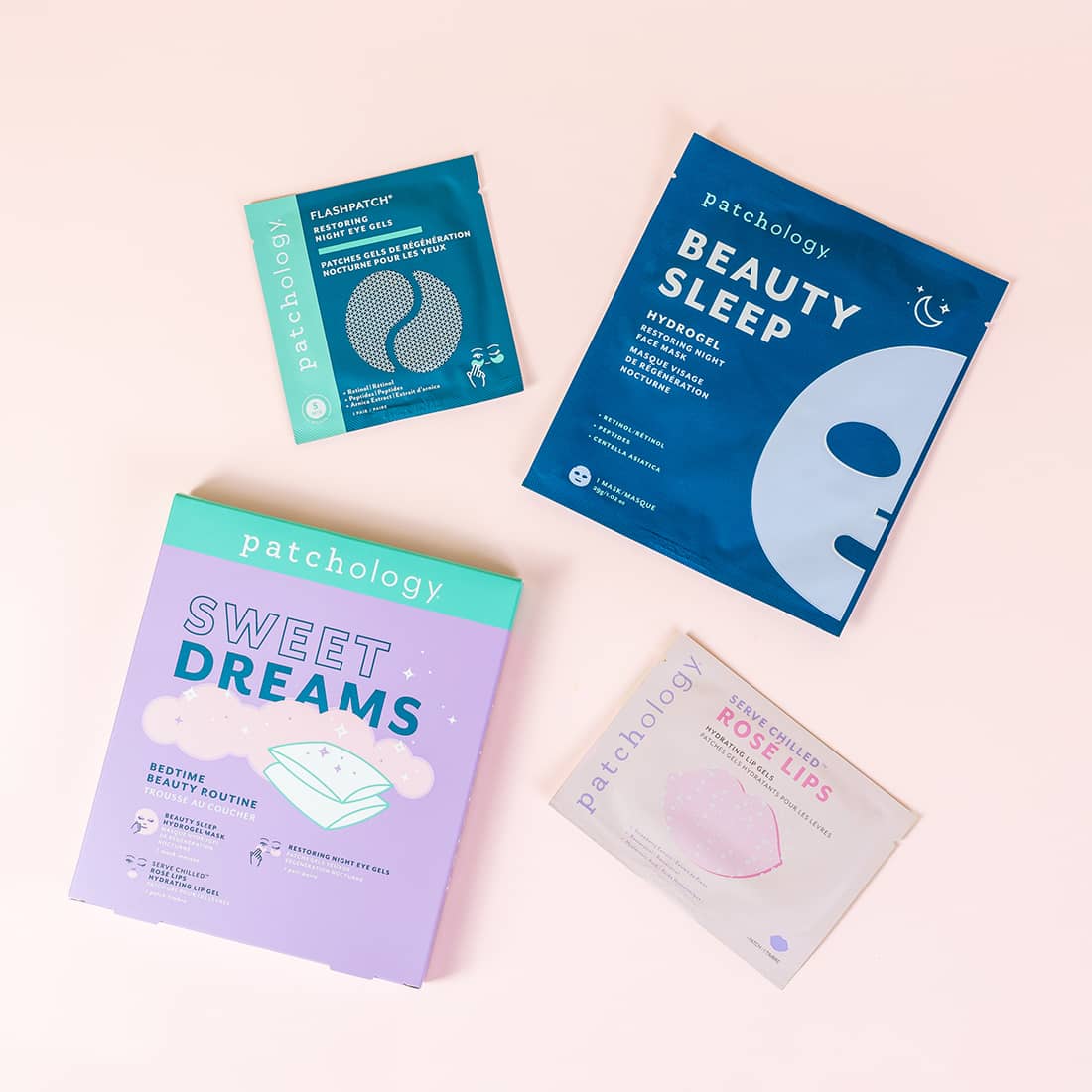 Four Patchology face mask packets on a light pink background