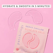 Patchology Rosé Eye Gels packaging on a pink background with text 'Hydrate & Smooth in 5 Minutes'.