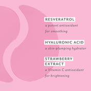 Pink background with text about resveratrol, hyaluronic acid, and strawberry extract on a pink background