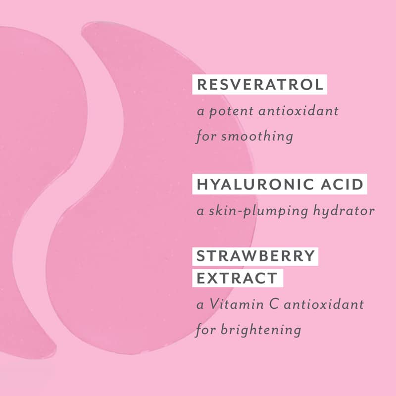 Pink background with text about resveratrol, hyaluronic acid, and strawberry extract on a pink background