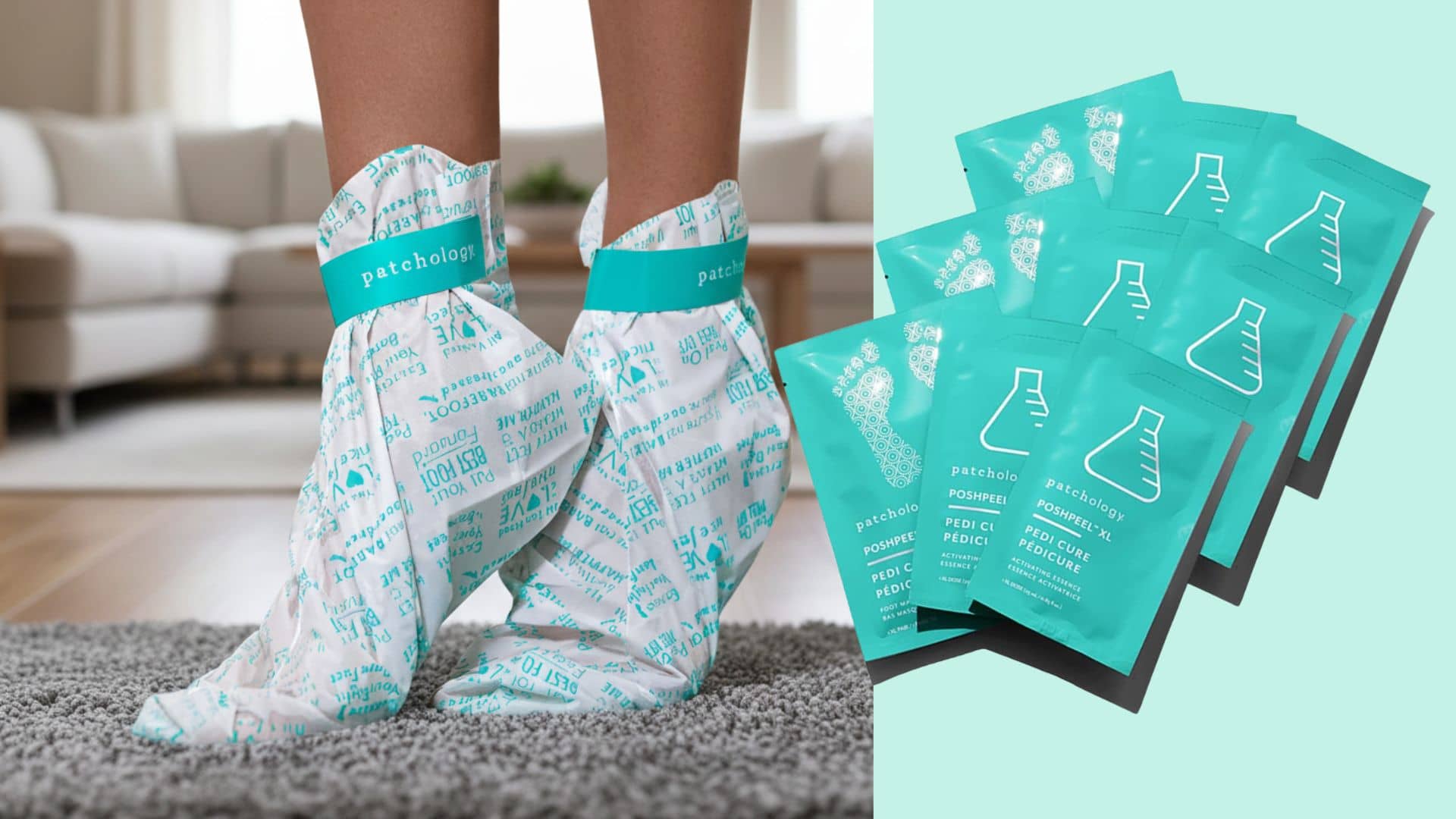 woman wearing poshpeel exfoliating booties and the product on a teal background