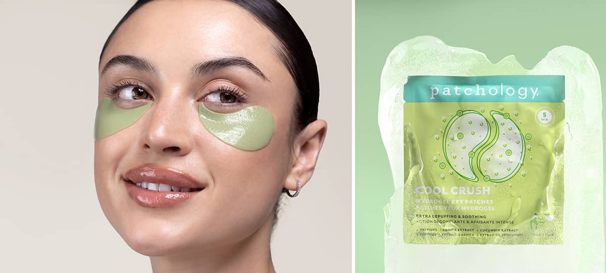 woman wearing cool crush depuffing eye masks on a tan background beside the product
