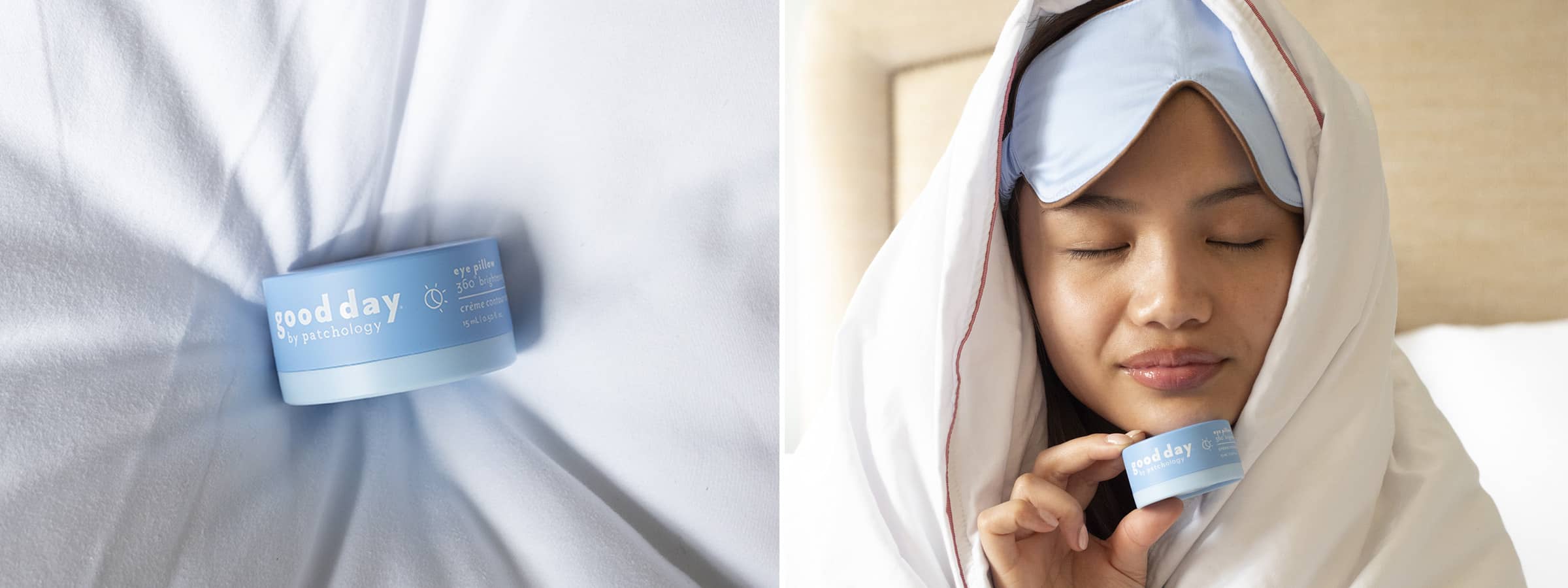 woman using eye pillow her morning skincare routine to depuff and firm under-eyes
