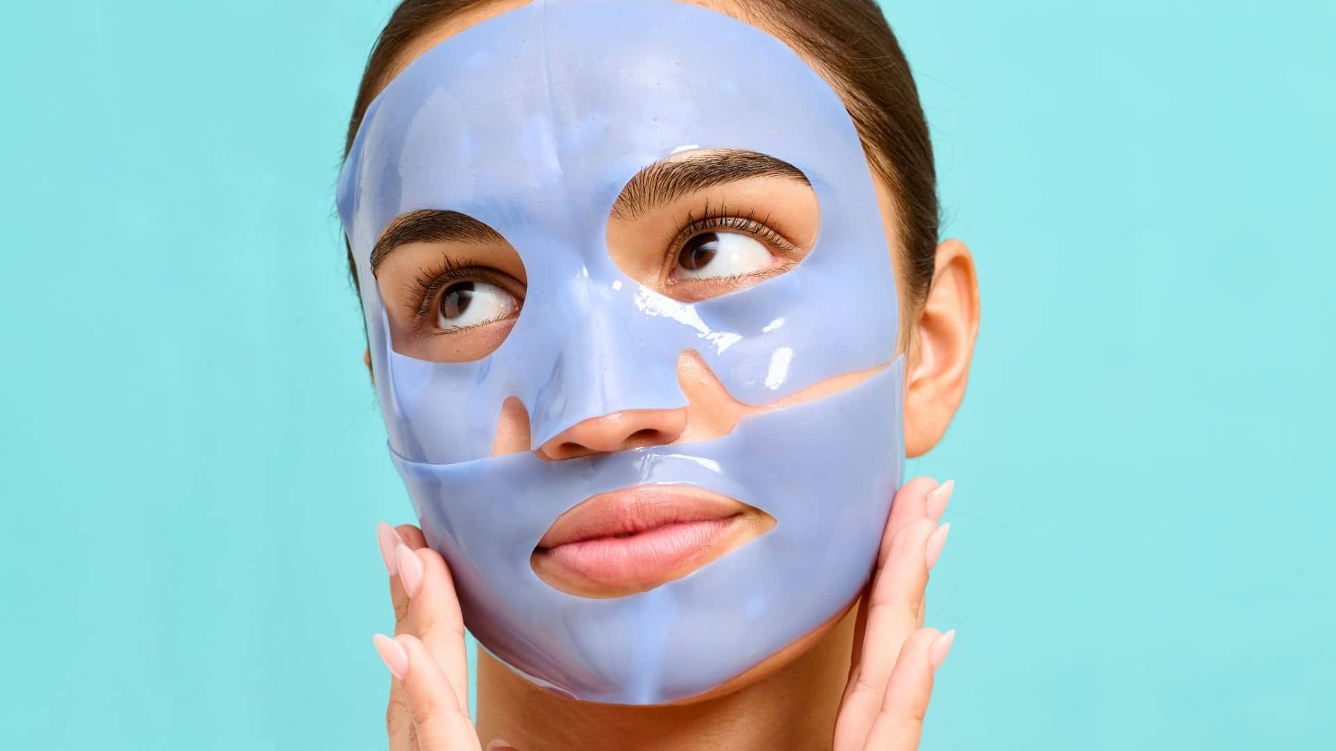 woman wearing on ice hydrogel smoothing anti-aging face. mask