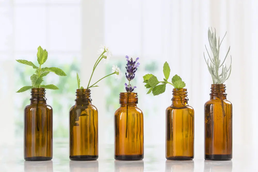 Essential oils for skin shown in dropper bottles