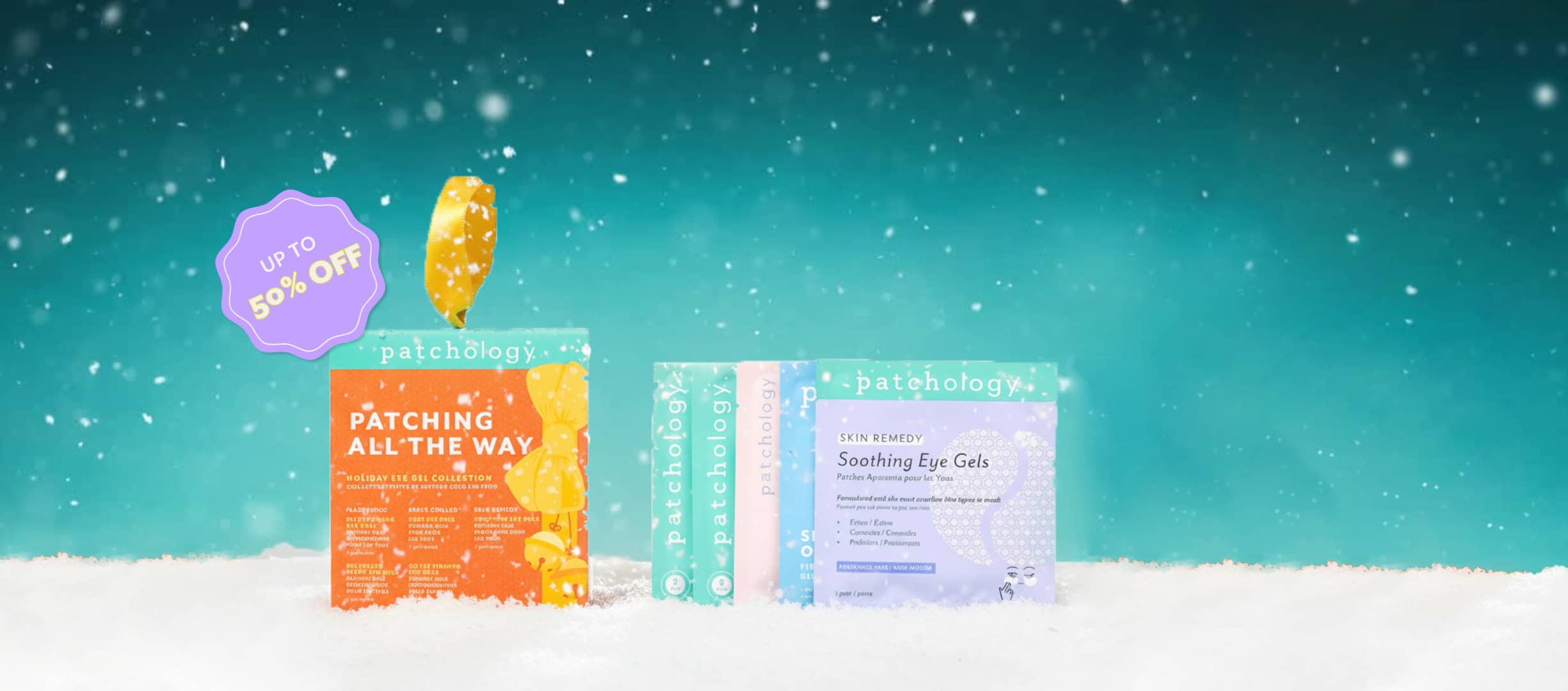 Gift skincare set on a snowy background and dark blue sky at night.