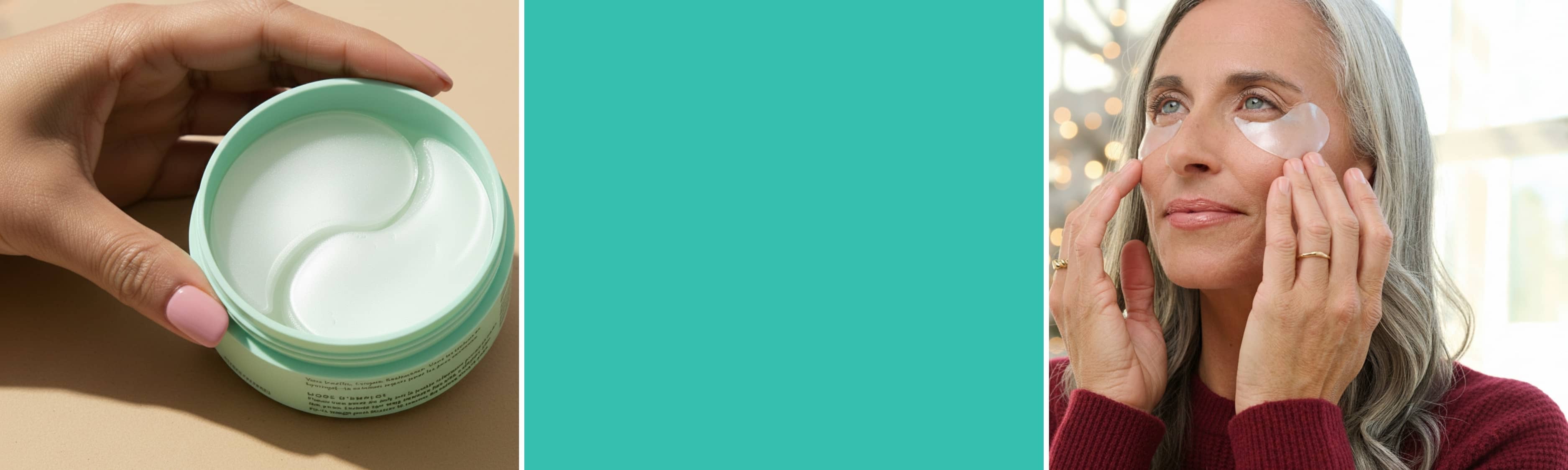 Woman applying eye masks, teal background, and Patchology Patching All The Way holiday skincare kit packaging on a pink surface.