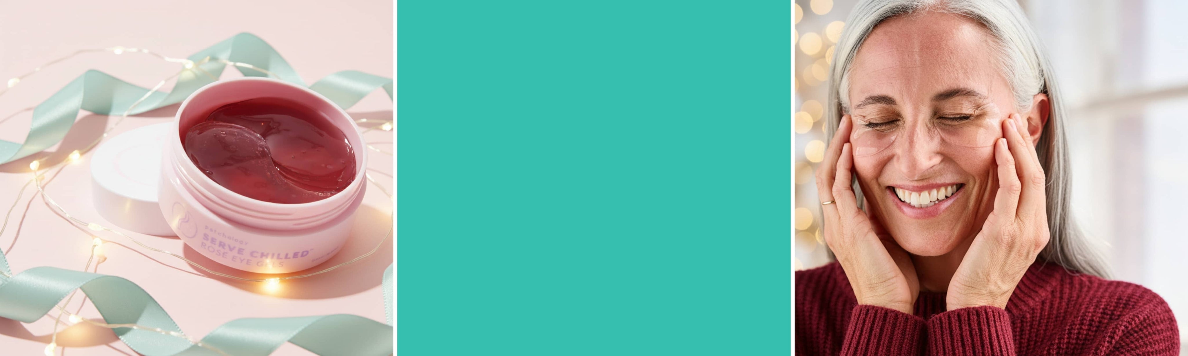 Woman applying eye masks, teal background, and rose eye masks holiday skincare kit packaging on a pink surface.