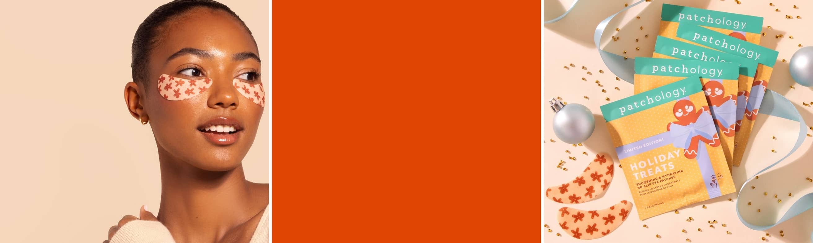 Woman with patches on her face next to packaging of Holiday Treats Patchology gifts now 30% Off Sitewide.