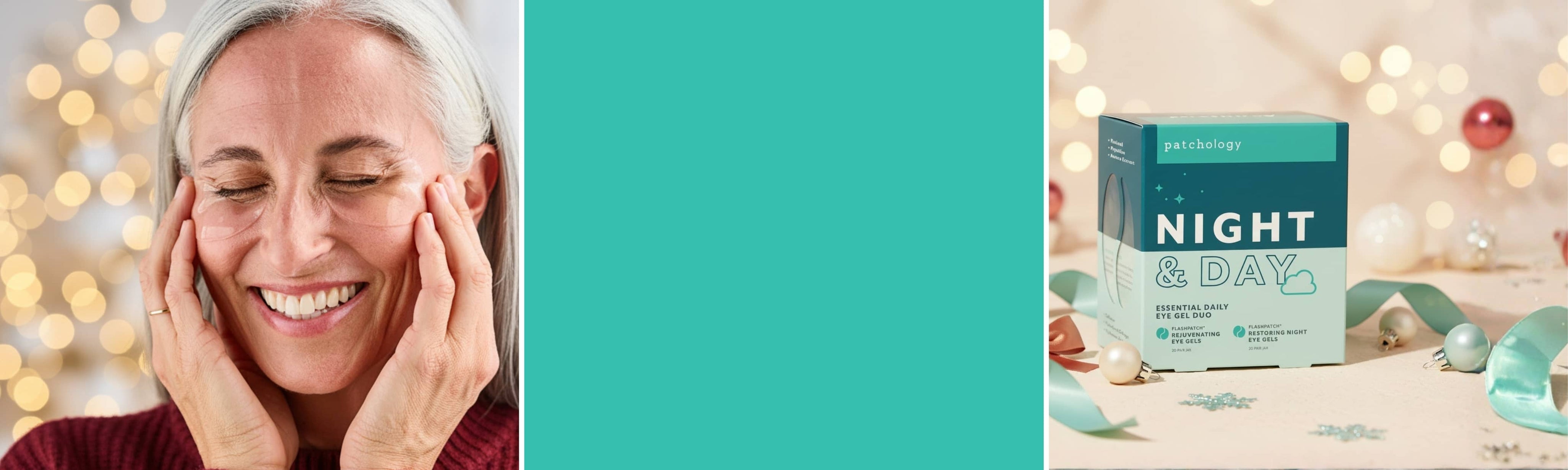 Woman smiling with hands on eye patches, teal box labeled 'Night & Day', and product packaging on a blurred background gift with purchase when you spend $100