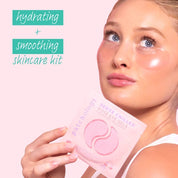 Woman wearing pink under-eye gel patches holding a rosé eye gel packet, with text reading hydrating and smoothing skincare kit