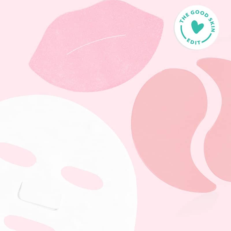 Close-up flat lay of a rosé lip gel, a pair of pink eye gels, and a white sheet mask on soft pink, marked with a good skin edit seal