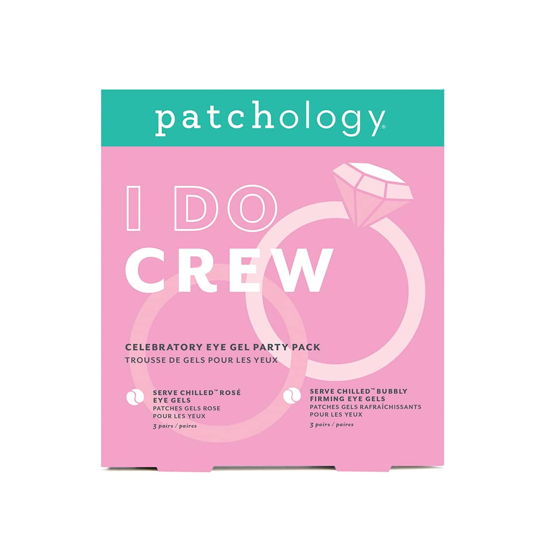 Patchology “I Do Crew” celebratory eye gel party pack in pink packaging with ring graphics, featuring Rosé and Bubbly eye gels
