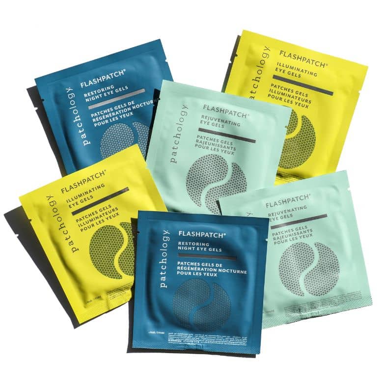 Patchology FlashPatch eye gel packets in blue, yellow and green, assorted rejuvenating and illuminating under-eye treatments