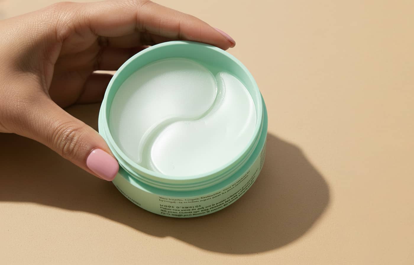 Rejuvenating hydrating under-eye patches in a jar by patchology. Close up in hands holding the jar. 