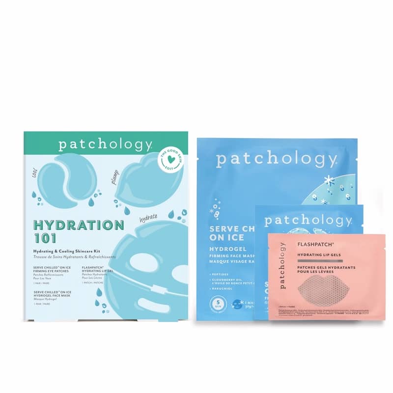 Light blue hydrating skincare kit box shown with its contents, a blue hydrogel face mask, blue eye patch packet, and peach lip gel packet

