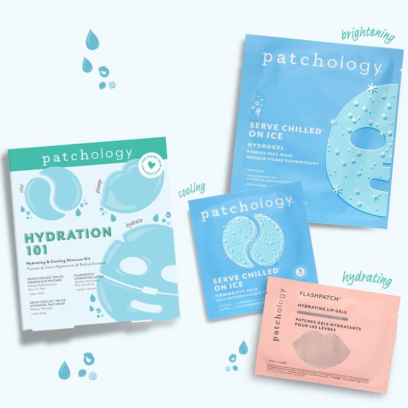 Light blue skincare kit box beside face mask, eye gel, and lip gel packets labeled brightening, cooling, and hydrating on a pale blue background