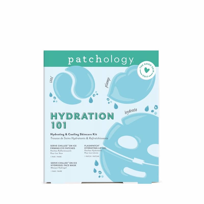 Light blue hydrating and cooling skincare kit box illustrated with eye patches, a lip gel, and a face mask labeled cool, plump, and hydrate.