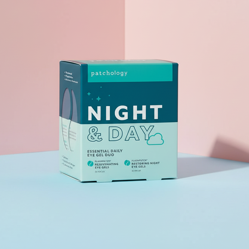 Box of Patchology Night & Day eye gel pads on a pink and blue gradient background