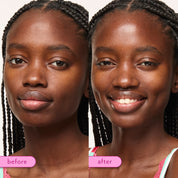 A side-by-side before and after comparison of a woman's face, showing a skincare or makeup result. The left side is labeled 'before' and shows a natural complexion, while the right side is labeled 'after' and shows a smoother, more radiant complexion.