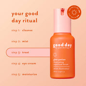 An orange pump bottle of 'good day by patchology glow potion' serum on a peach background, next to a step-by-step skincare routine graphic titled 'your good day ritual'.