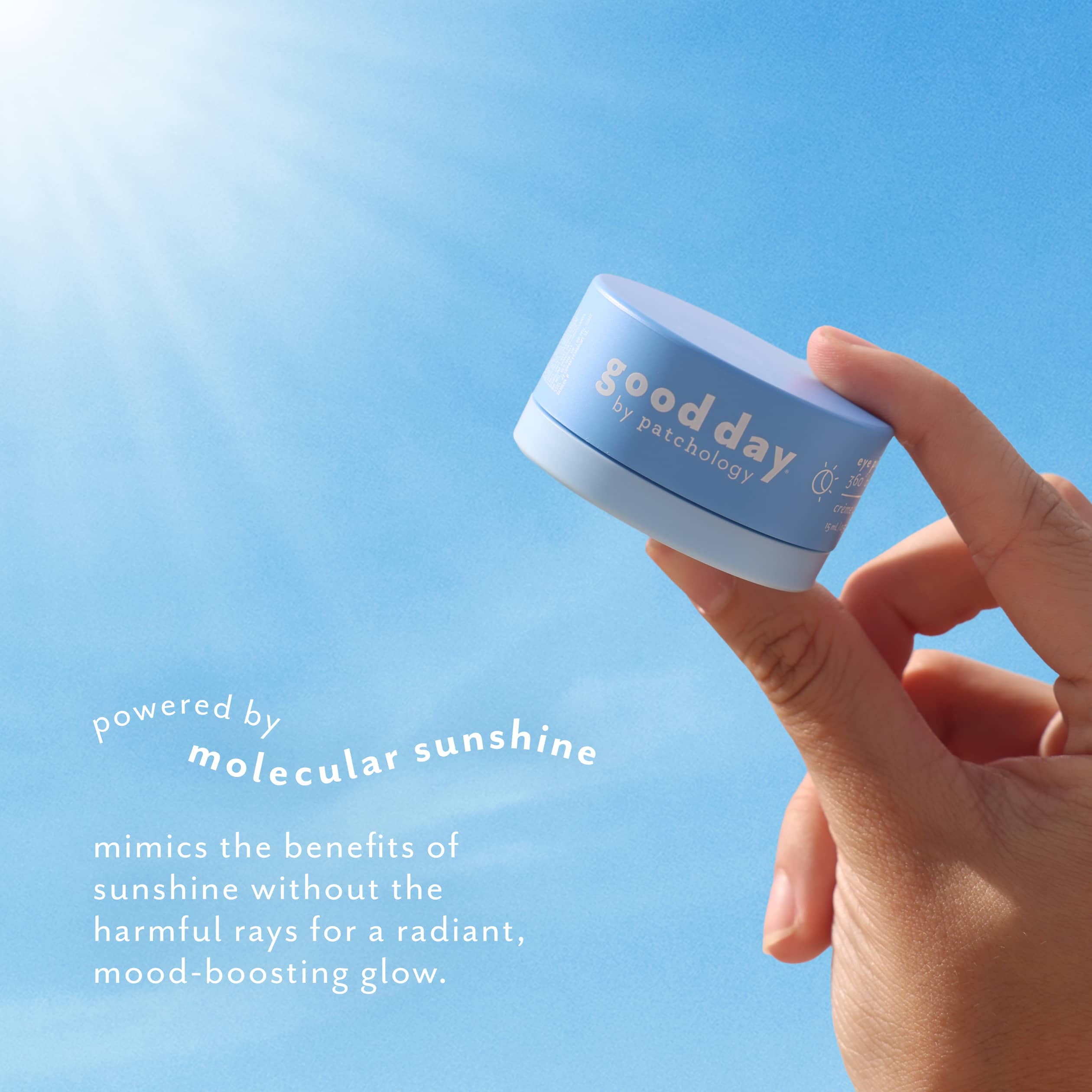 A hand holding a small round cosmetic jar labeled 'good day' against a bright blue sky background with sun rays and white text reading 'powered by molecular sunshine'.