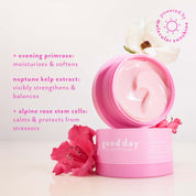 A pink cosmetic jar of Good Day ingredients evening primrose cream shown open with cream visible, alongside a matching pink lid and decorative flowers on a clean white background. Pink text on the left lists ingredients and benefits, and a circular badge says it is powered by molecular sunshine.