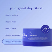A blue cosmetic jar labeled 'five-to-nine' dreamy overnight recovery balm on a light blue background, with text outlining a five-step skincare ritual: cleanse, mist, treat, eye cream, and moisturize.
