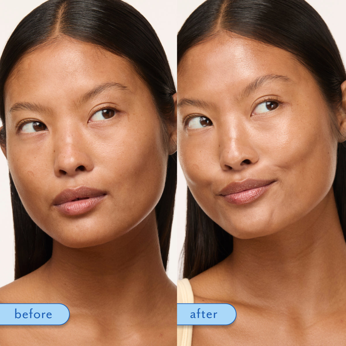 Before-and-after split comparison of a woman's face showing a skincare or makeup result, with the left side labeled 'before' and the right side labeled 'after' on a light neutral background.