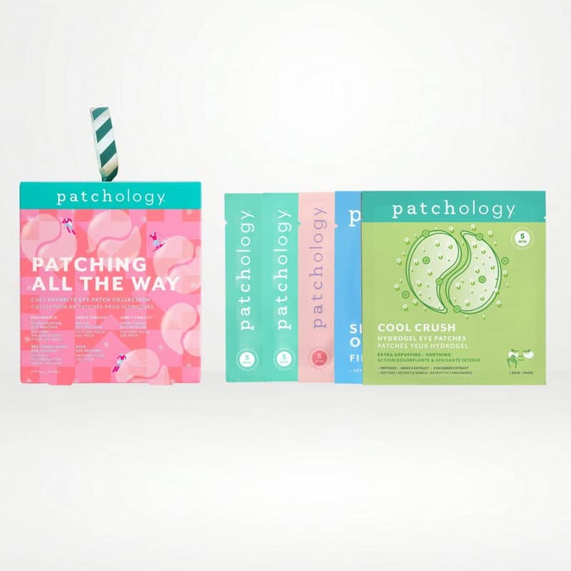 Eye patch packaging arranged on a white background, including a pink flamingo-themed box with a striped straw and two vertical boxes in teal, pink, and light blue eye masks.