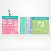 Eye patch packaging arranged on a white background, including a pink flamingo-themed box with a striped straw and two vertical boxes in teal, pink, and light blue eye masks.