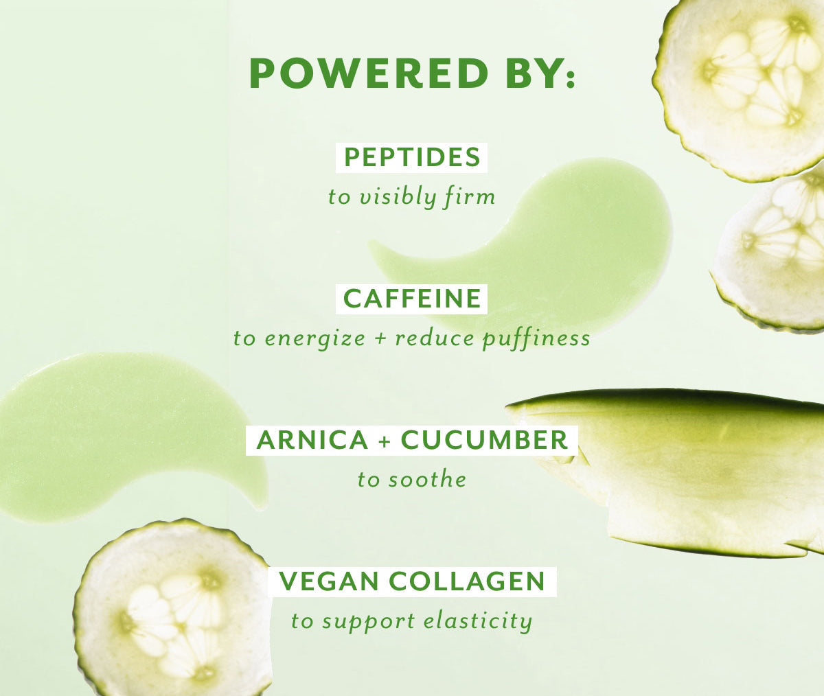 Skincare ingredient graphic highlighting peptides, caffeine, arnica and cucumber, and vegan collagen for firming, depuffing, soothing, and improving skin elasticity
