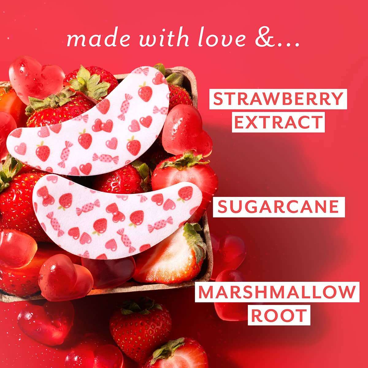Strawberry-themed product with text on a red background