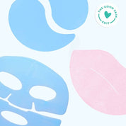 Blue hydrogel eye patches, a blue hydrogel face mask, and a pink lip patch laid out on a pale blue background with a good skin edit badge