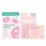 Pink hydrating skincare kit box shown with its contents, a rosé sheet mask pack, eye patch packet, and lip gel packet, on white