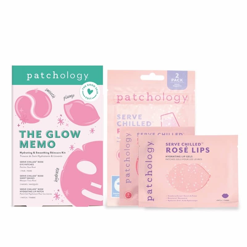 Pink hydrating skincare kit box shown with its contents, a rosé sheet mask pack, eye patch packet, and lip gel packet, on white