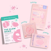 Pink skincare kit box beside rosé sheet mask, eye gel, and lip gel packets labeled hydrating, smoothing, and plumping on a pink background