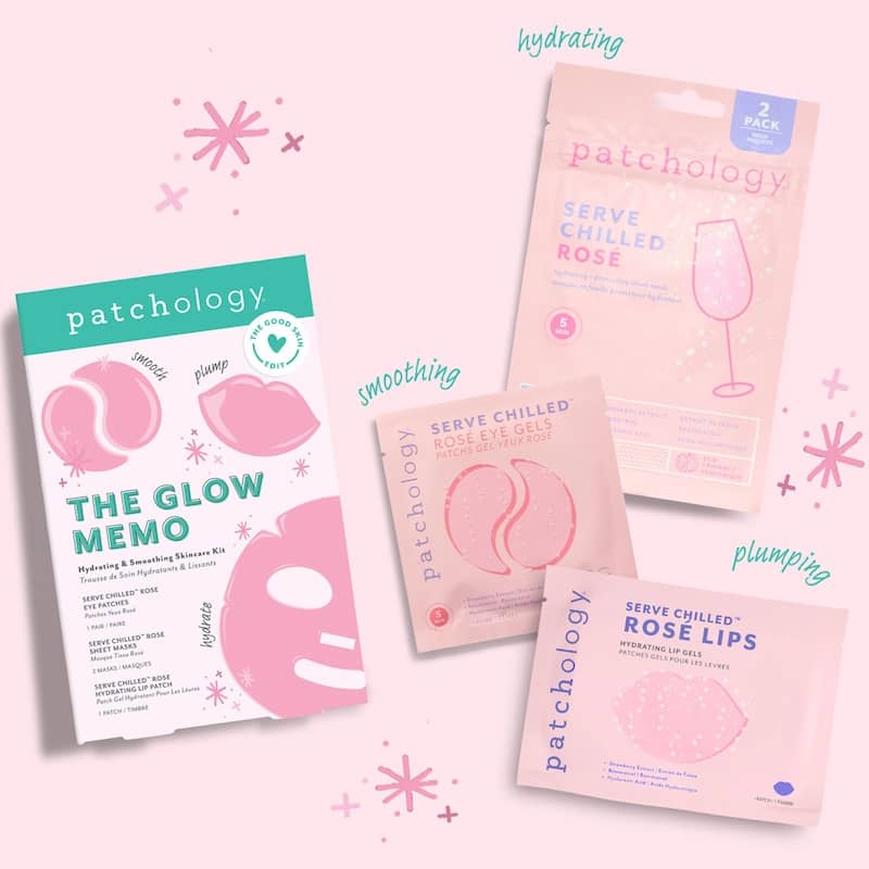 Pink skincare kit box beside rosé sheet mask, eye gel, and lip gel packets labeled hydrating, smoothing, and plumping on a pink background