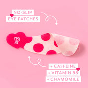 A pink and white polka dot no-slip eye patch with a red heart-shaped patch featuring a white letter 'P' on the side, shown on a pink background with text overlays highlighting its features.