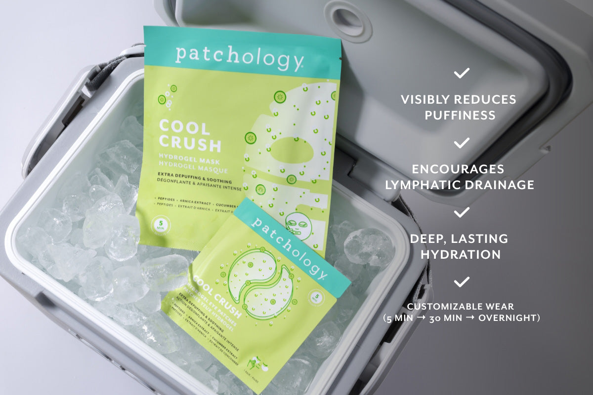 Patchology Cool Crush hydrogel masks on ice in cooler highlighting depuffing, hydration and lymphatic drainage benefits
