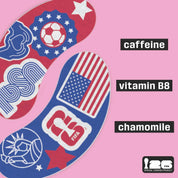 Under-eye patches with sports-themed skincare on a pink background, featuring text labels for caffeine, vitamin B8, and chamomile. With the FIFA logo.