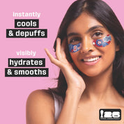 Woman with patriotic fifa world cup eye patches on a pink background with text about product benefits. Instantly cools and depuffs. Visibly hydrates and smooths.