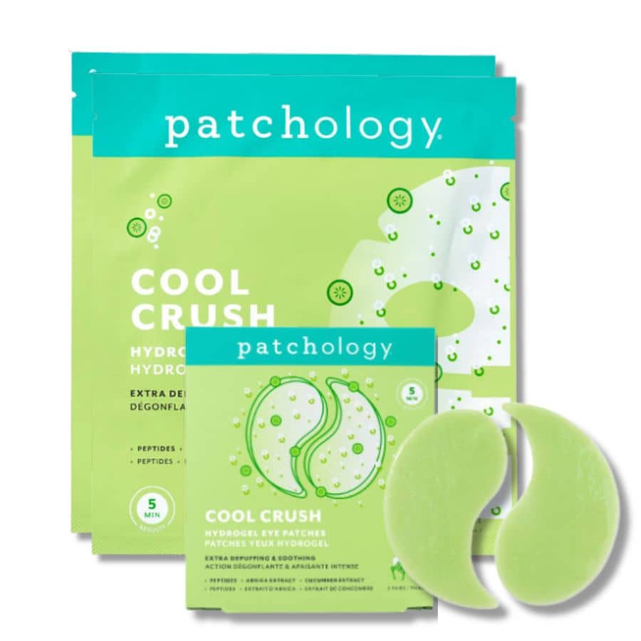 Hydrogel set depuffing and soothing under-eye gels with peptides, arnica, and cucumber for refreshed, revitalized skin.