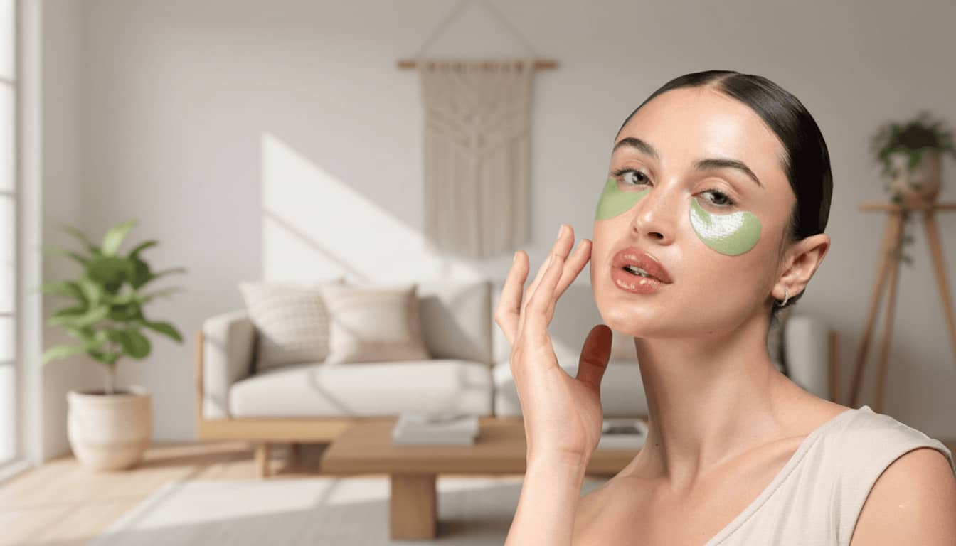 Woman with green under-eye patches touching face, hydrating eye care routine in sunlit living room setting

