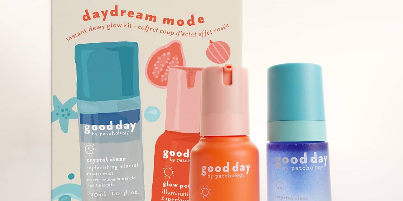 Good Day Daydream Mode dewy glow kit with Glow Potion illuminating serum and Crystal Clear mineral micro mist