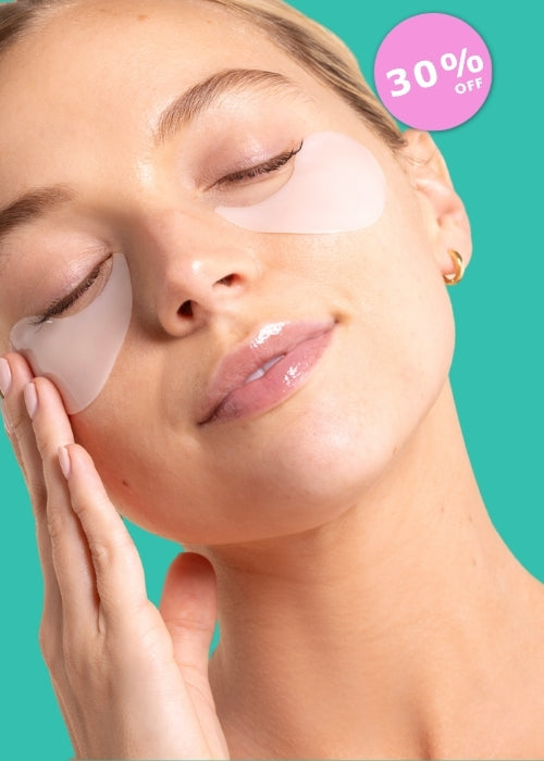 A close-up of a woman with closed eyes wearing translucent under-eye patches, with a pink circular '30% OFF' sale badge in the top right corner against a teal background.