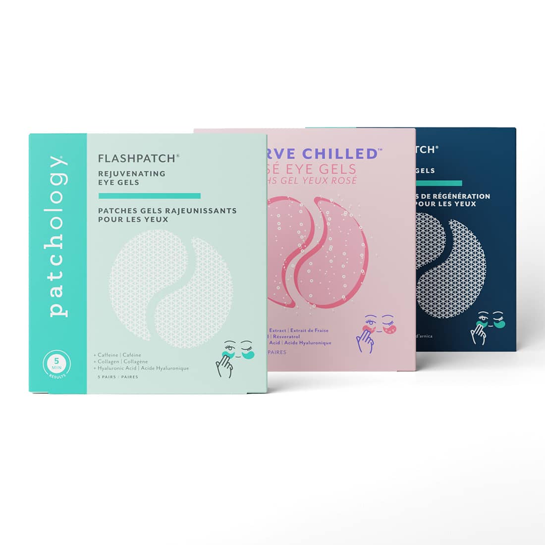 Trio of the best-selling Patchology eye masks products on a white background