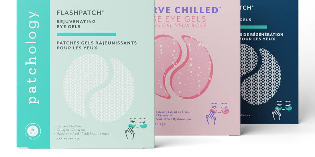 Three overlapping boxes of eye gels in mint, pink, and navy blue arranged on a white background