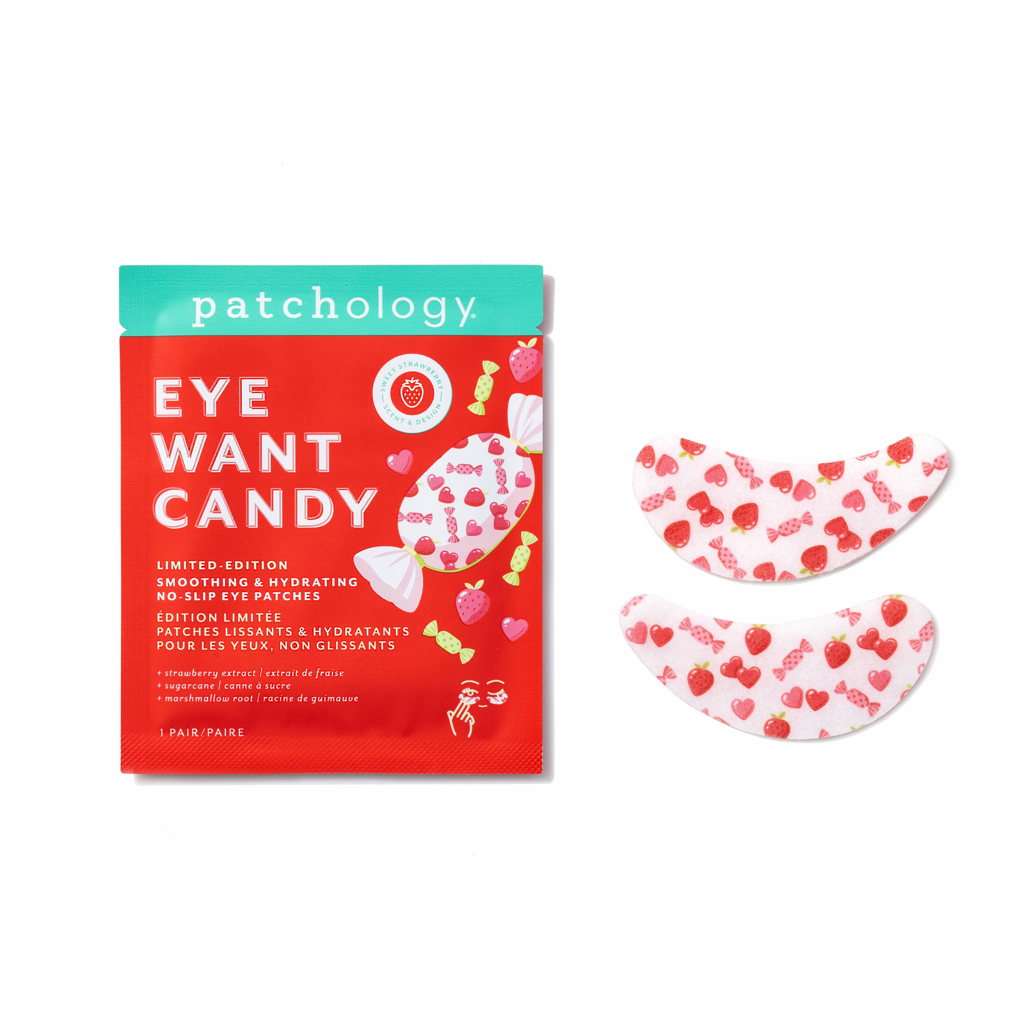 Red packet of smoothing eye patches beside a pair of white patches printed with strawberries, hearts and candy