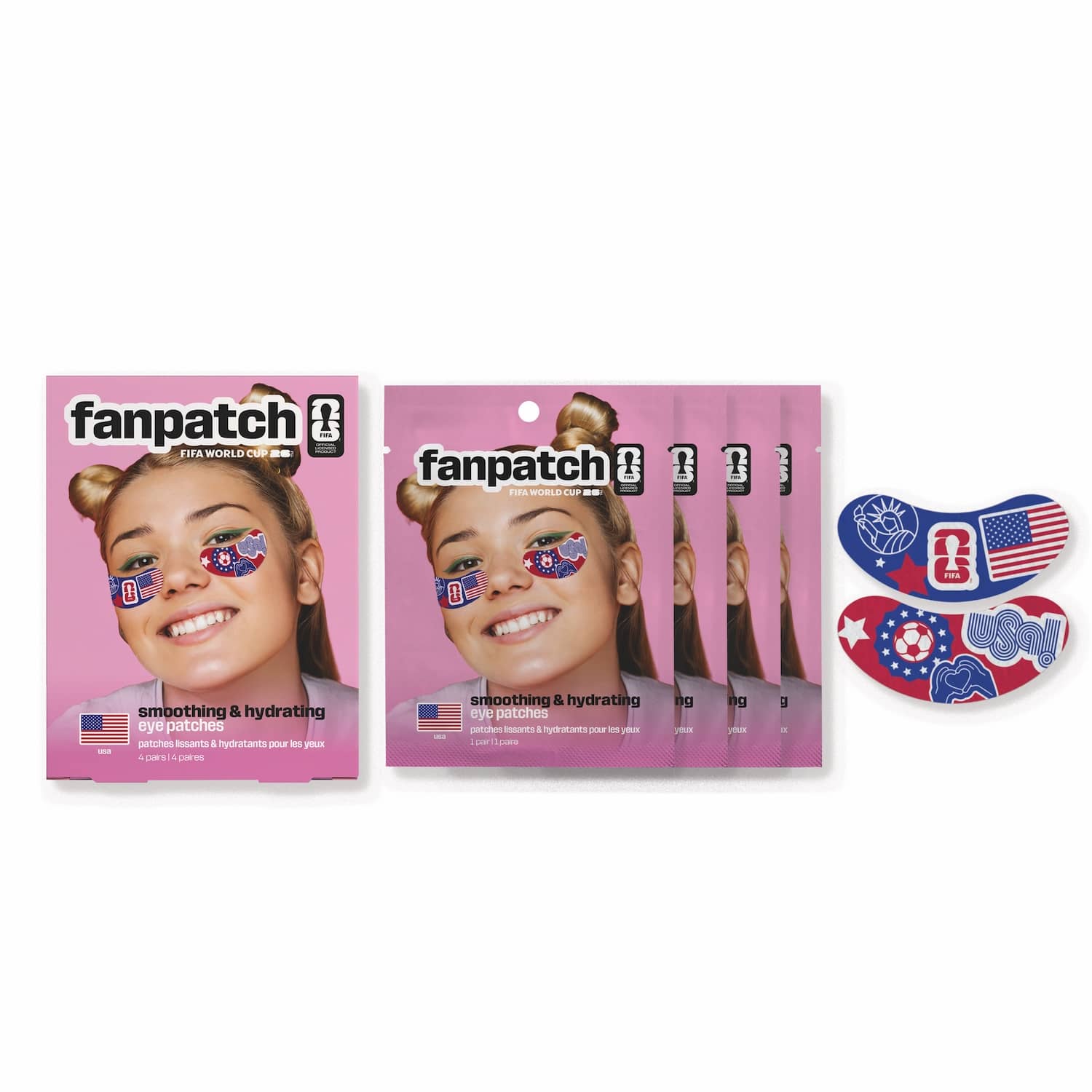 Fanpatch packaging with a woman's face on a pink background, featuring American team USA under-eye patches.